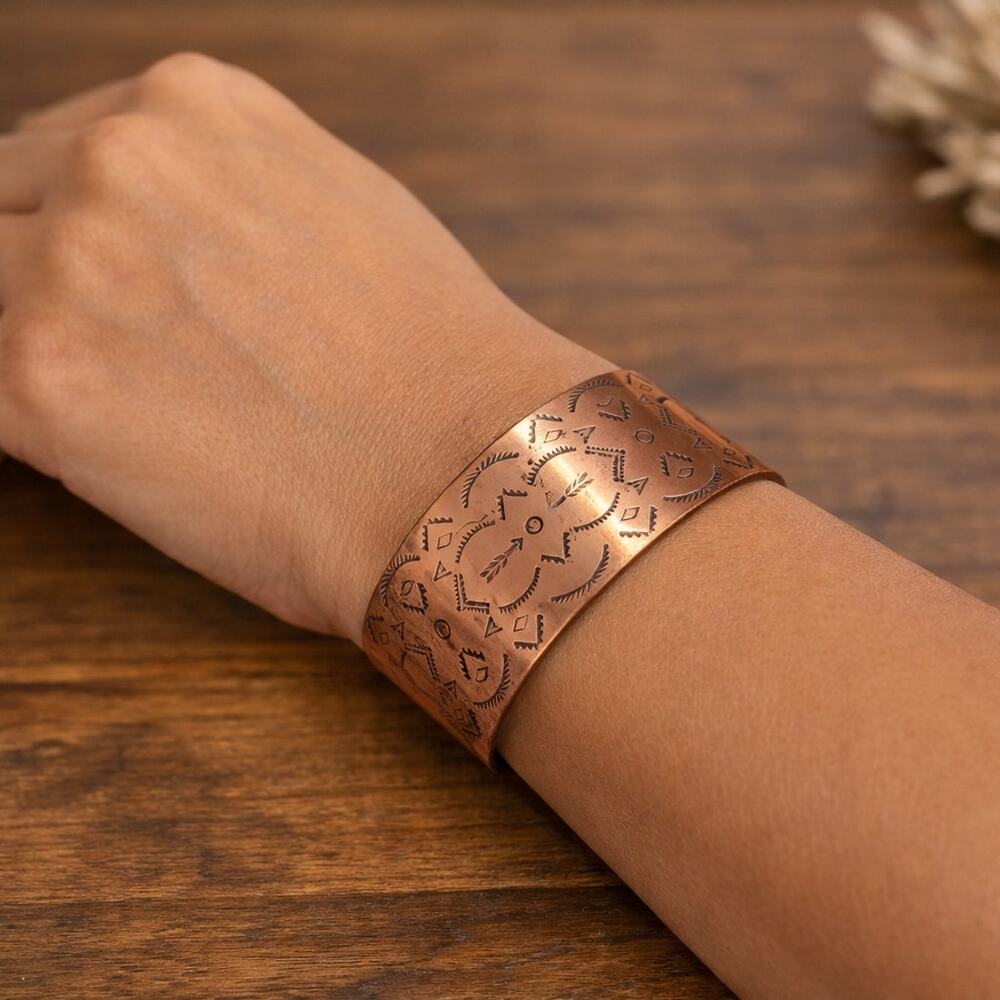 Vintage Solid Copper Cuff Bracelet Puebloan Style Engraved Native Symbols